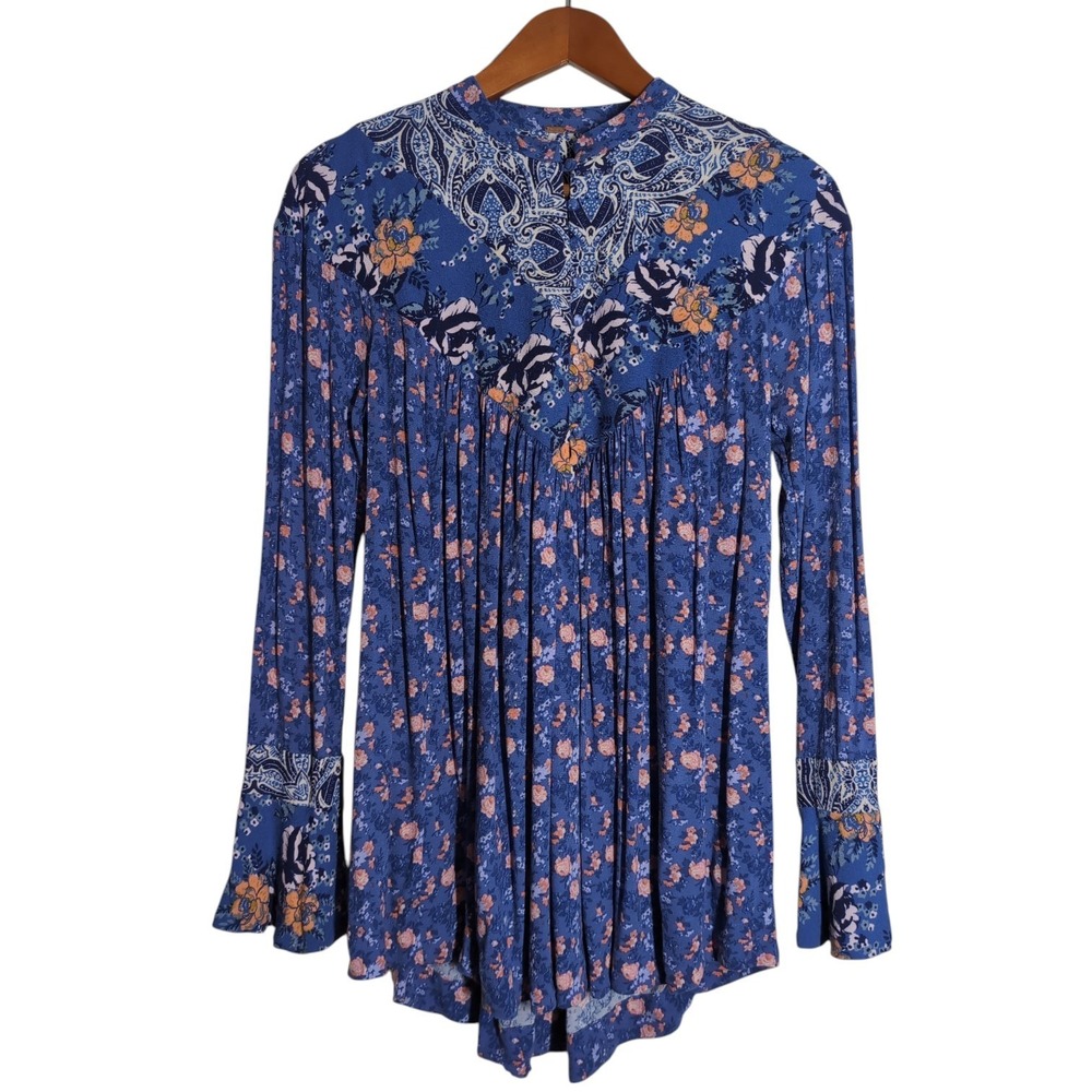 Free People Tunic Top Womens XS Boho Peasant Paisley Hippie Flowy Bell Sleeve